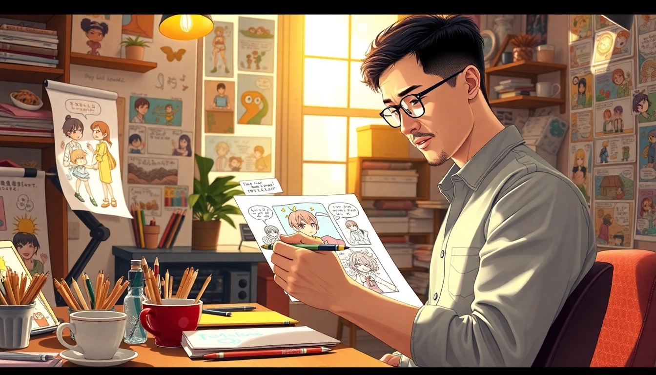 마나토끼 캐릭터를 그리는 웹툰 아티스트의 따뜻한 작업 공간.