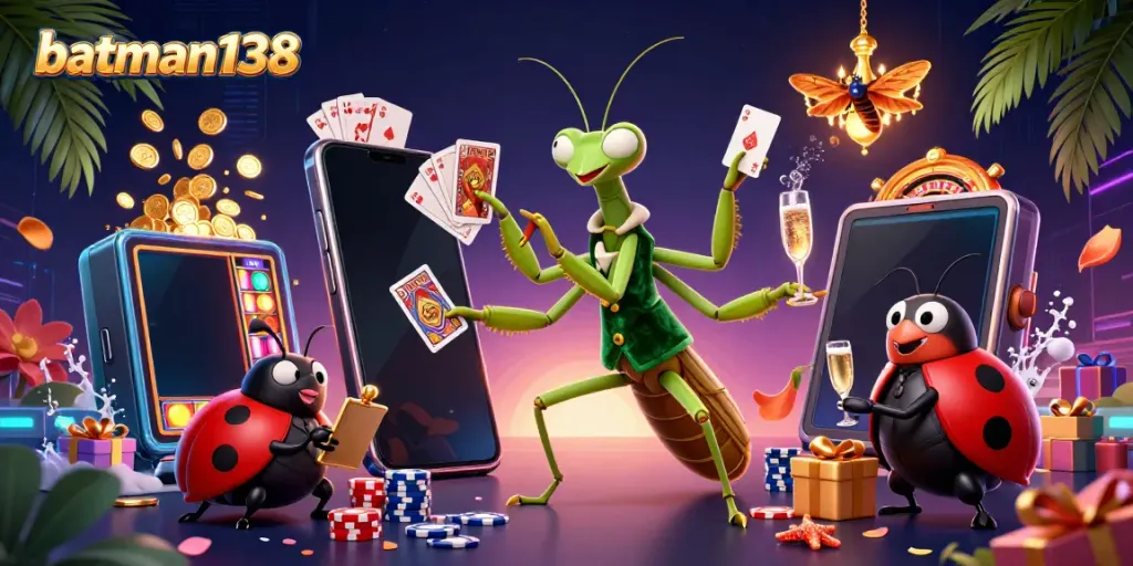 Experience the excitement of batman138 as a giant mantis deals cards and shares chips in a vibrant casino setting.