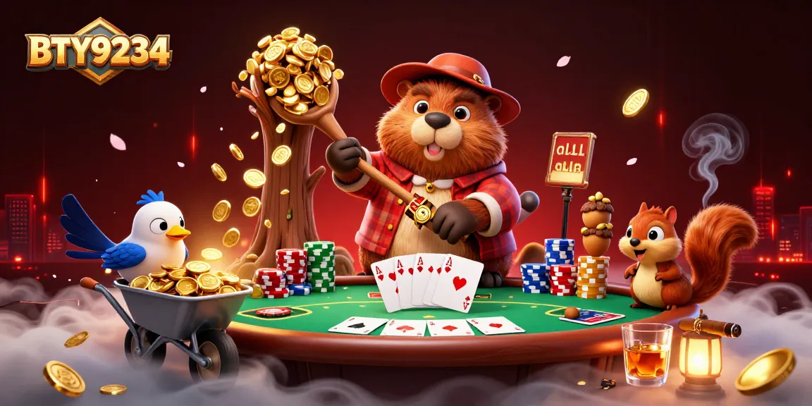 Chop and win with BTY9234; an energetic beaver-themed poker scene showcasing coins and cards.