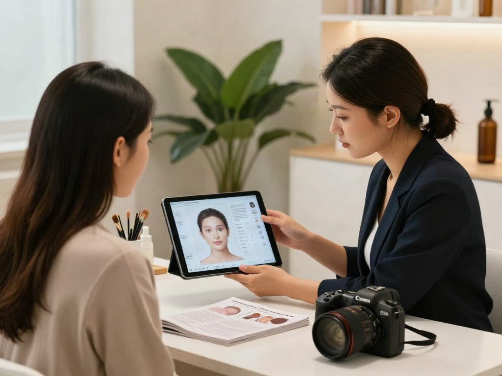 ClinicEvo cheaper than QOVES - Client receiving personalized beauty consultation with digital analysis in stylish office.