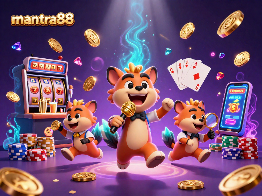 Experience the fun at mantra88 with cartoon hyenas running a vibrant casino club, showcasing a stand-up act and mixed drinks.