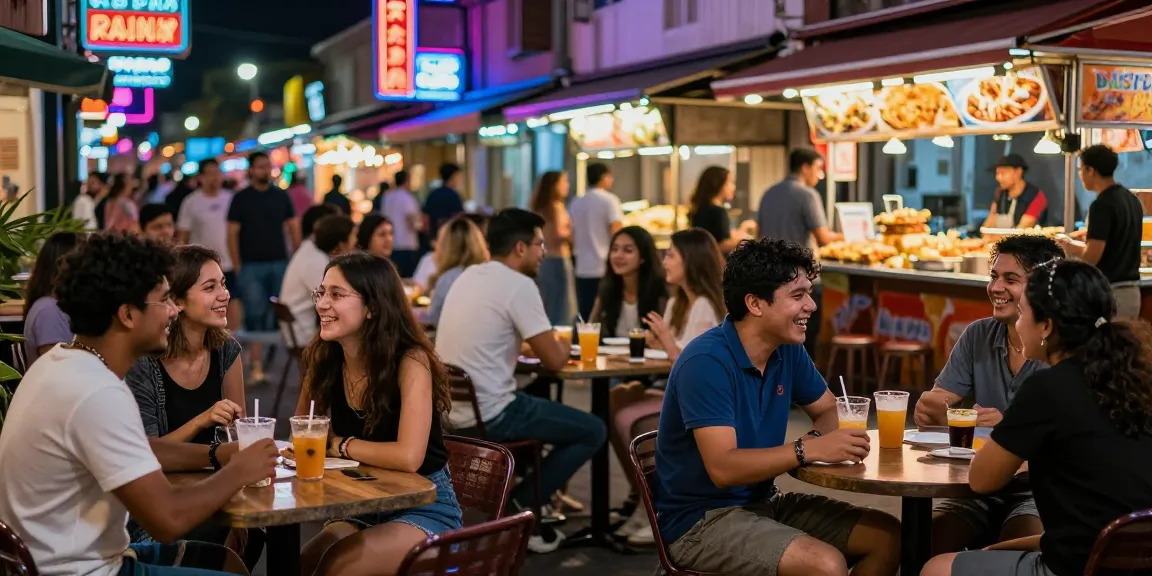 Exciting scene of people enjoying 유흥사이트 nightlife with neon lights and outdoor dining.