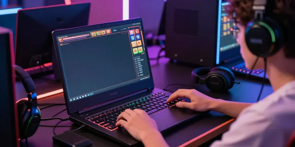 Player immersed in PG SLOT gaming on a colorful laptop setup with accessories.