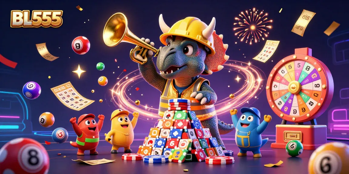Experience the excitement of BL555 casino with vibrant gaming elements and celebratory characters.