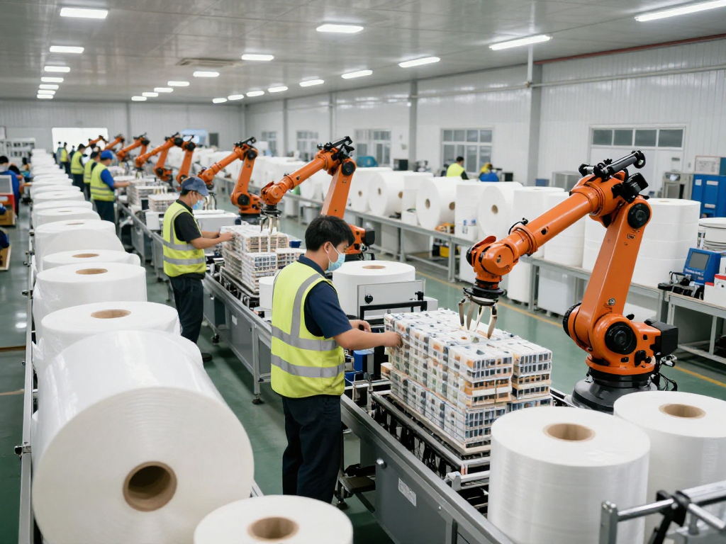 Proses packing modern dengan delapantoto di fasilitas industri.