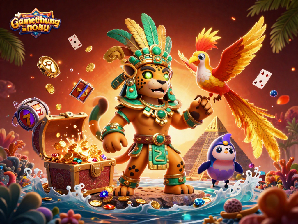 Experience the thrill of gaming at gamethuongnohu with vibrant elements like exploding treasure chests and golden jackpots.