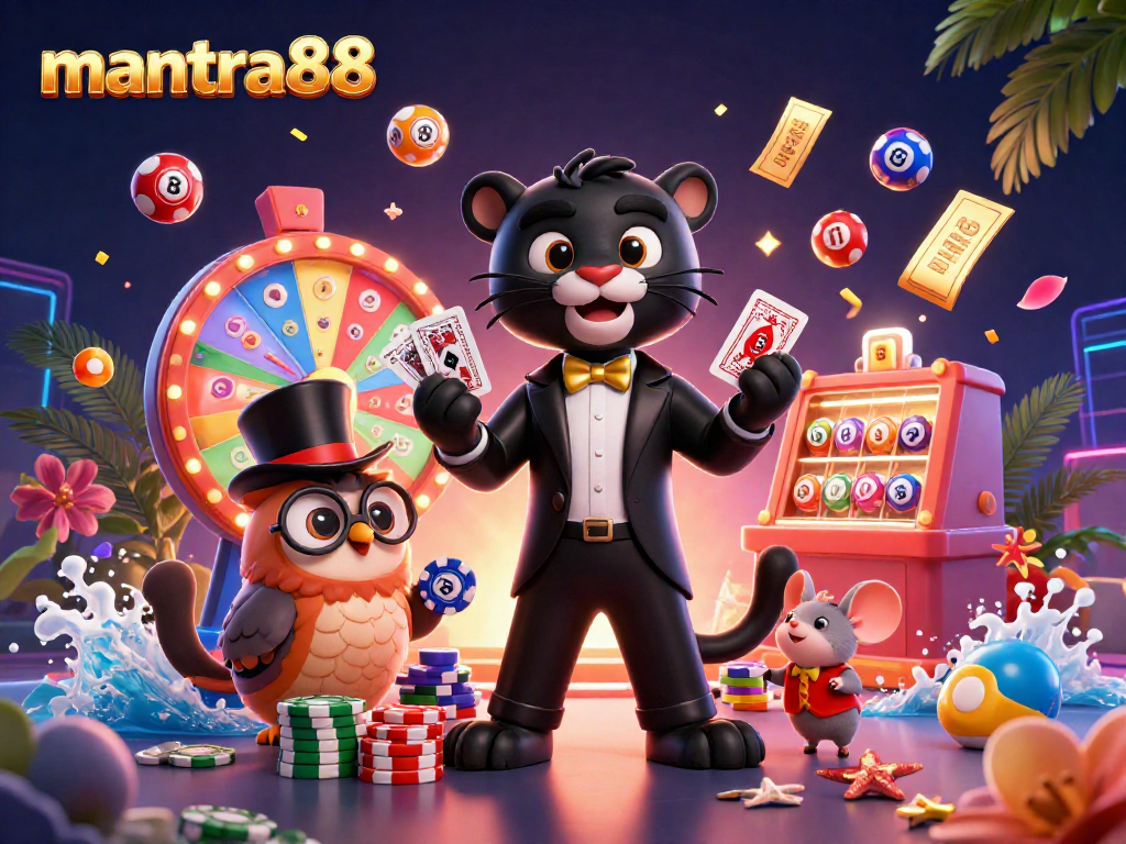 Engaging gaming scene highlighting mantra88 with a stylish black panther, owl, and mouse amidst colorful casino elements.