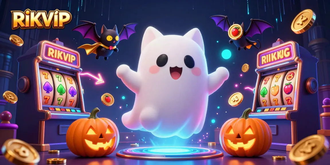 RIKVIP offers thrilling slot experiences with a friendly ghost cat and vibrant casino elements.