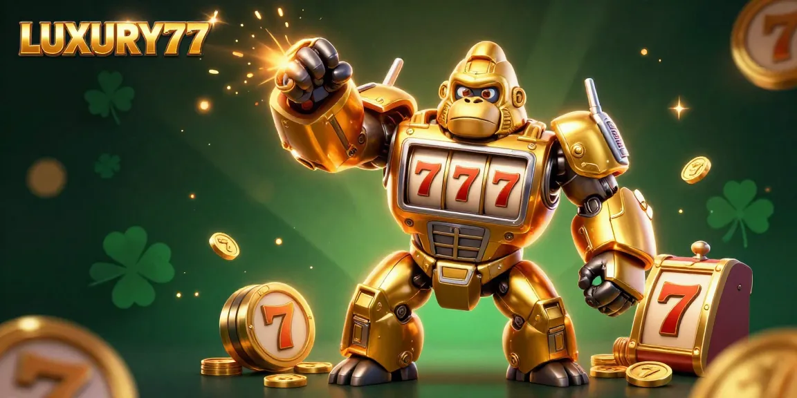 LUXURY777 menghadirkan ilustrasi 3D dinamis dengan gorila emas mekanik dan simbol slot.