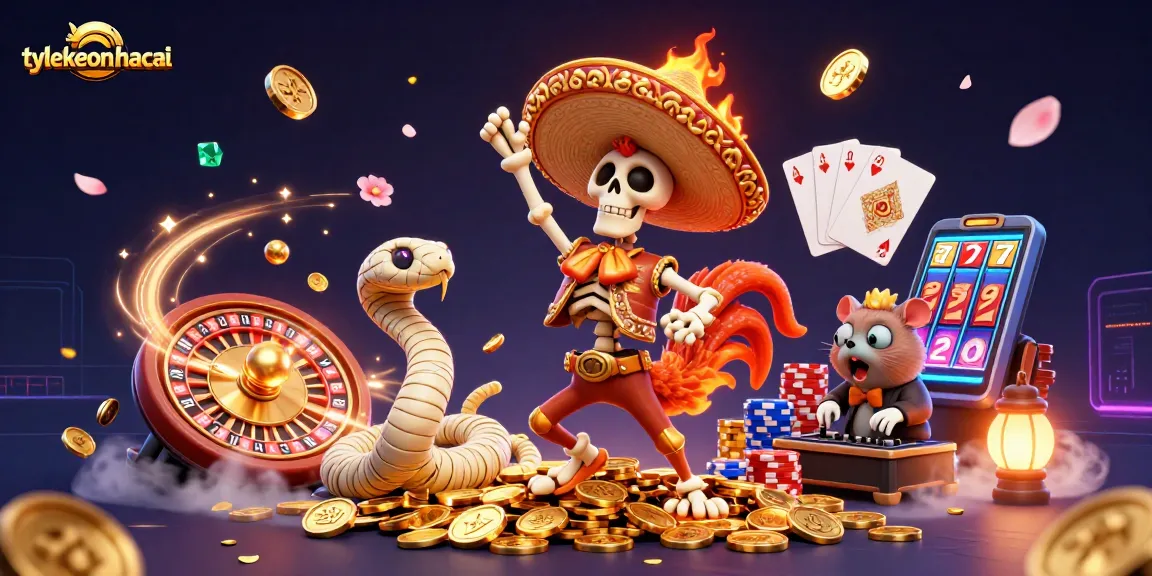 Skeleton mariachi rooster dances joyfully on golden coins, promoting tylekeonhacai's exciting betting opportunities.
