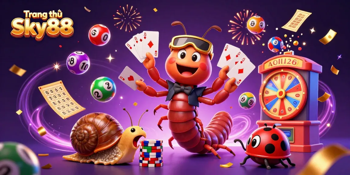 Engage with the vibrant scene of Trang chủ Sky88 featuring a millipede dealer with colorful lottery elements, creating a dynamic casino atmosphere.