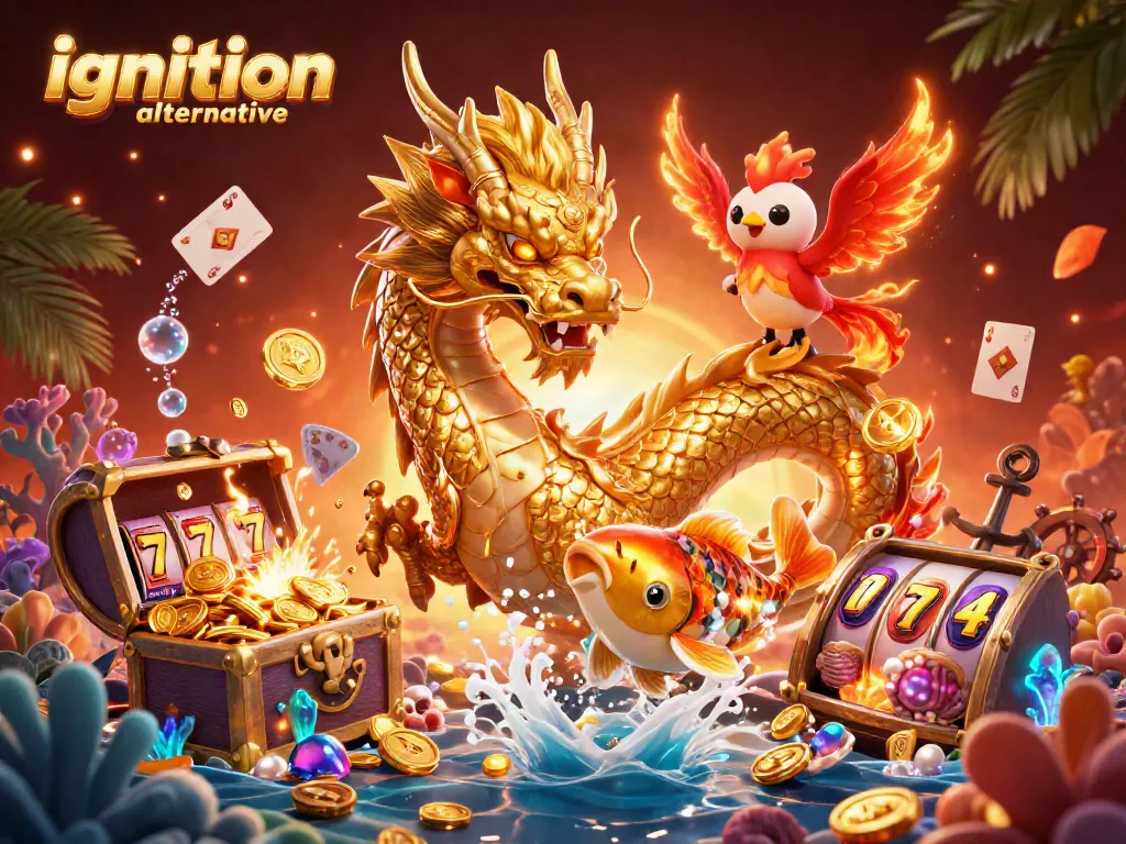 Win big with this ignition alternative scene featuring a dragon, phoenix, and koi fish among casino elements.