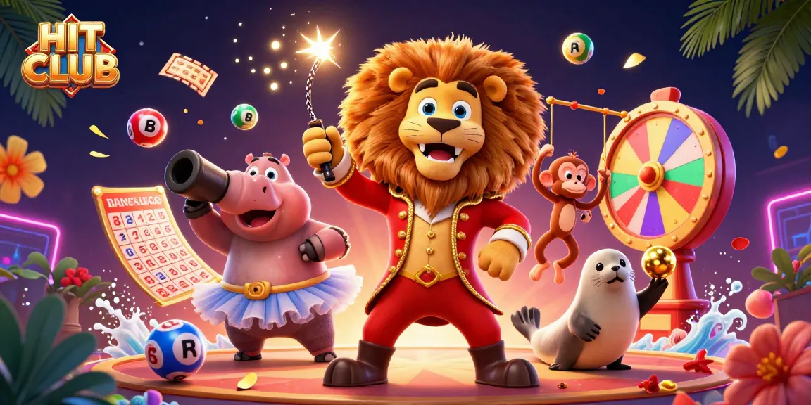 Hit Club showcases vibrant casino elements with lively characters and festive lottery items.