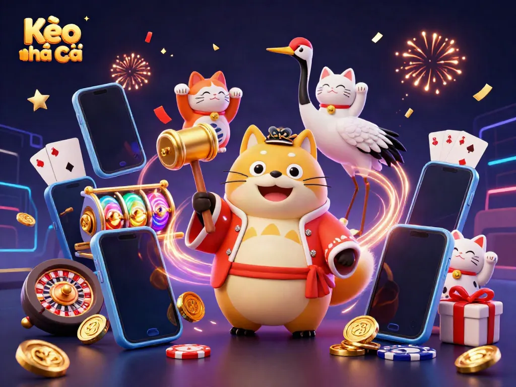 Engage with the vibrant and festive scene of Kèo nhà cái featuring a cheerful tanuki and colorful symbols of luck in gambling.