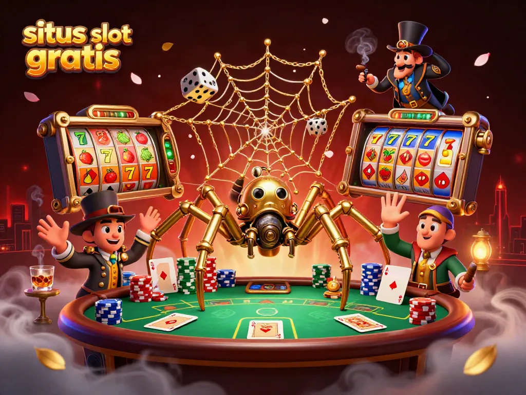 Engage in exciting gameplay with situs slot gratis featuring a steampunk spider and poker elements