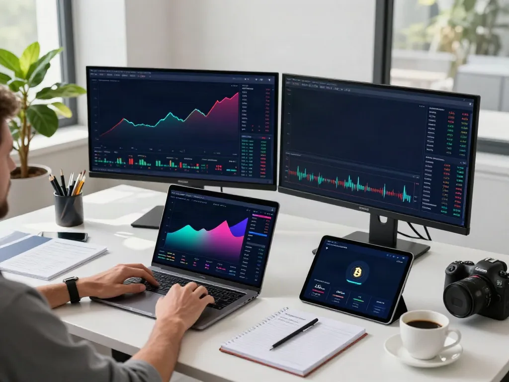 Dynamic cryptocurrency trading workspace focused on 美股API with modern tech elements and productivity tools.