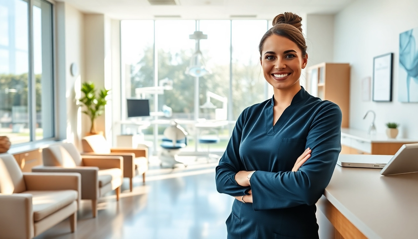 Patients visiting a dental office with a friendly receptionist in a bright, welcoming environment
