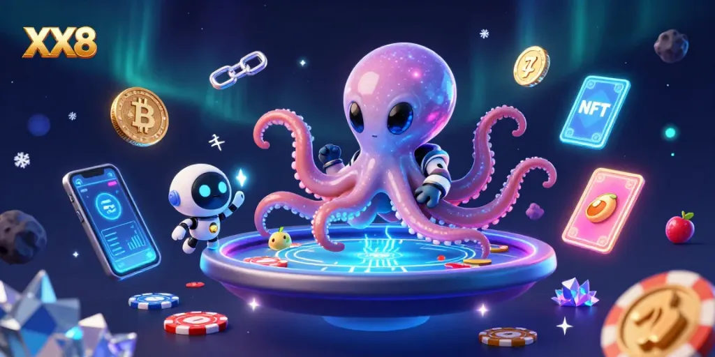 Engage in exciting gambling with XX8 at a cosmic poker table under stellar lights.