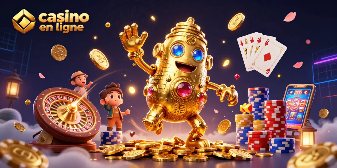 Gagnez avec le casino en ligne grâce à un golem doré animé entouré de jetons et de cartes.