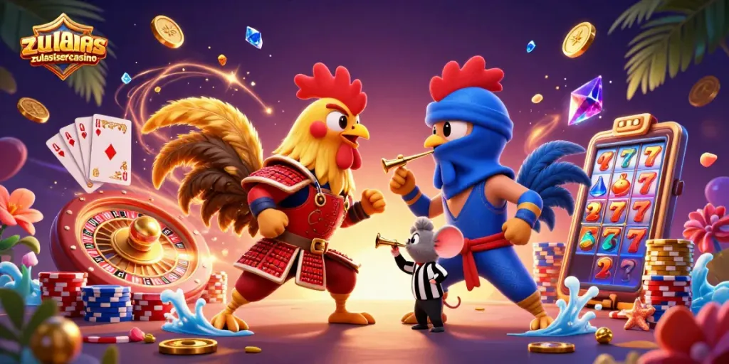 Experience the excitement of zulasistercasino with animated roosters amid casino elements.