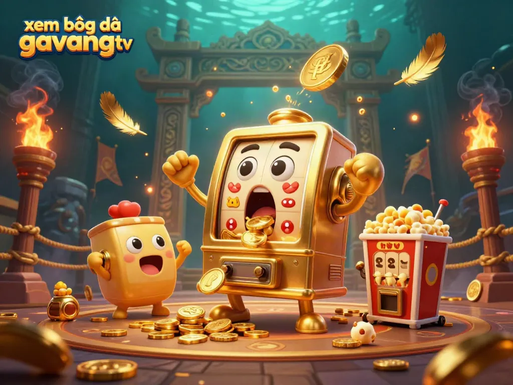 Experience a winning moment with xem bóng đá gavangtv as a golden slot machine celebrates a jackpot with cheering baby machines.