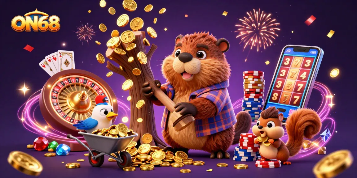 Experience the thrill of ON68 as the cartoon beaver collects coins in a joyful casino scene.