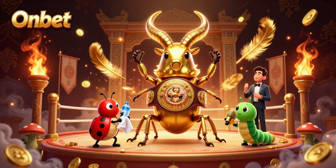 Onbet showcases exciting gameplay with a giant stag beetle champion and vibrant casino elements.