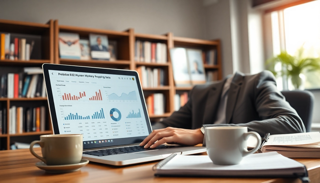 Consultant evaluating B2B mystery shopping strategies on a laptop with analytical insights.
