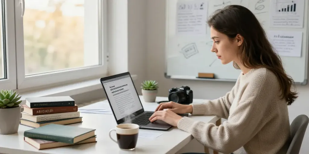 Young woman using an AI article writer in Russian in a cozy home office setting.