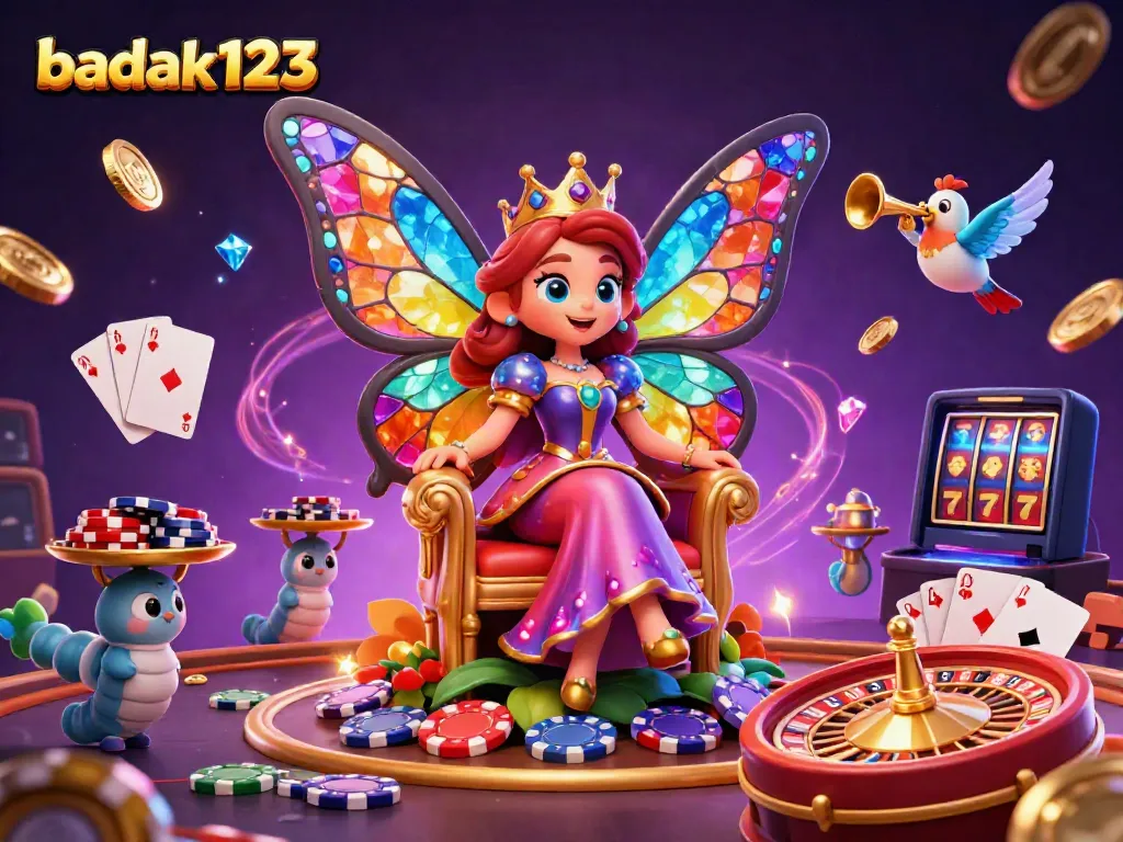 Permainan kasino langsung di badak123 dengan ratu kupu-kupu dan chip poker berkilauan.