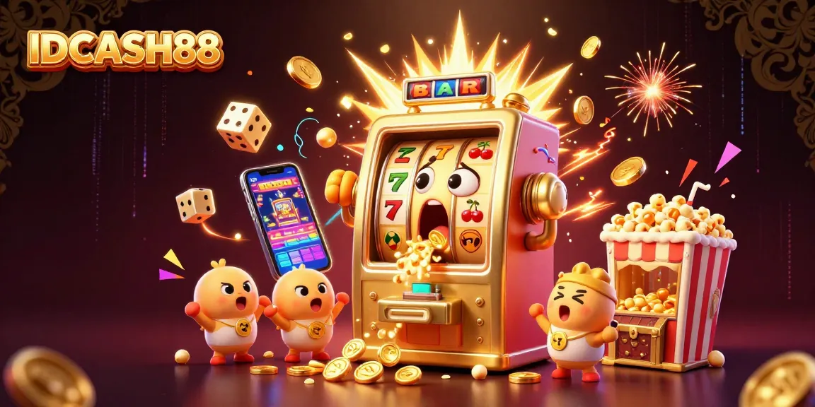 Win big with IDCASH88 in this dynamic casino scene featuring joyful slot machines and vibrant game elements.