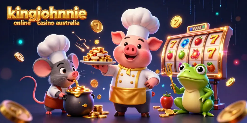 Engaging illustration of kingjohnnie online casino australia with a chef pig, sous-chef mouse, and critic frog amidst dynamic slot machine action.