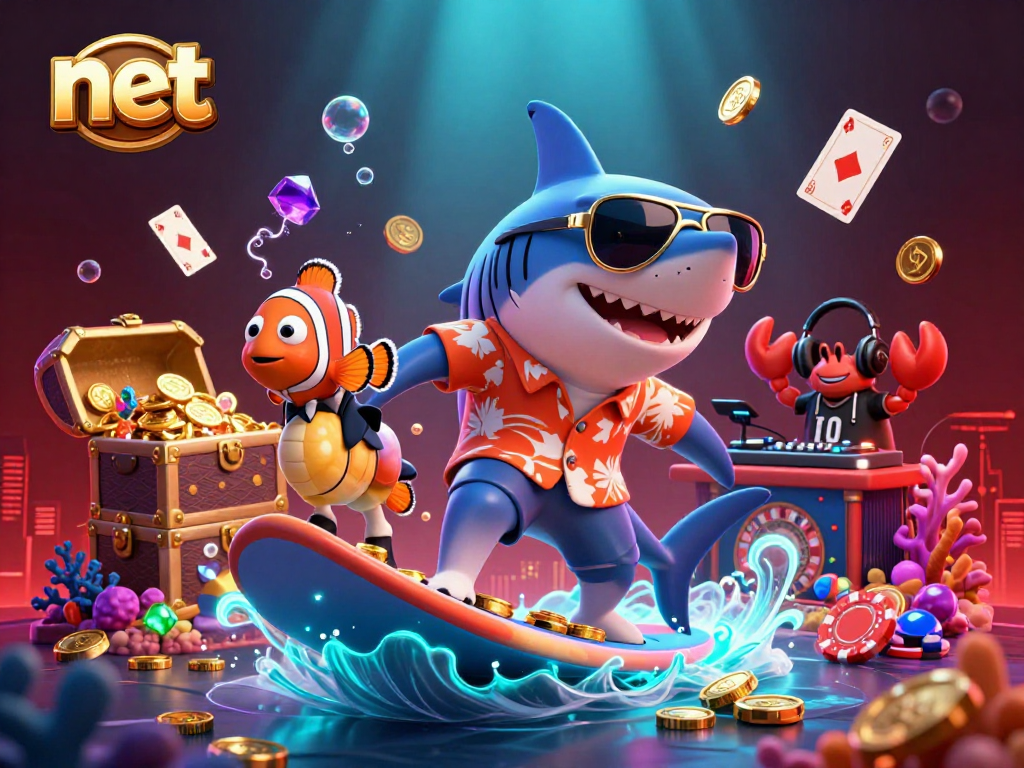 Engage with the exciting net gaming scene featuring a shark, clownfish, and crab DJ amid casino treasures.