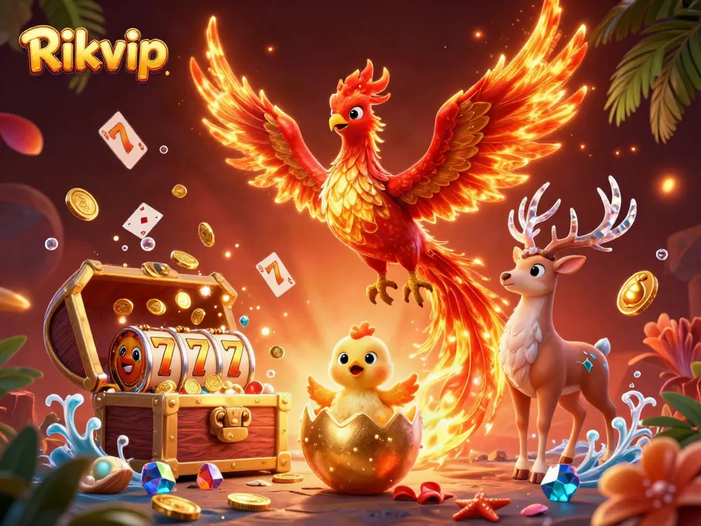 Experience thrilling gameplay with Rikvip as the fire phoenix and golden fruits soar in a dynamic casino scene.