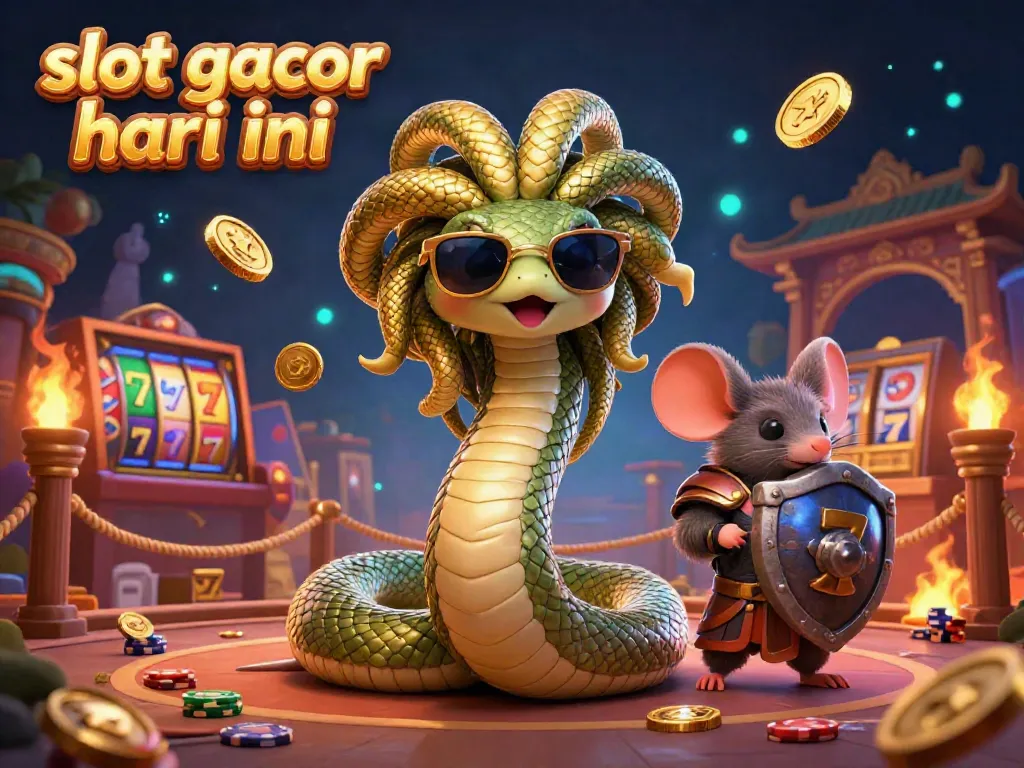 Visualisasi slot gacor hari ini menampilkan Medusa bersahabat dan prajurit mouse dalam lingkungan kasino penuh warna.