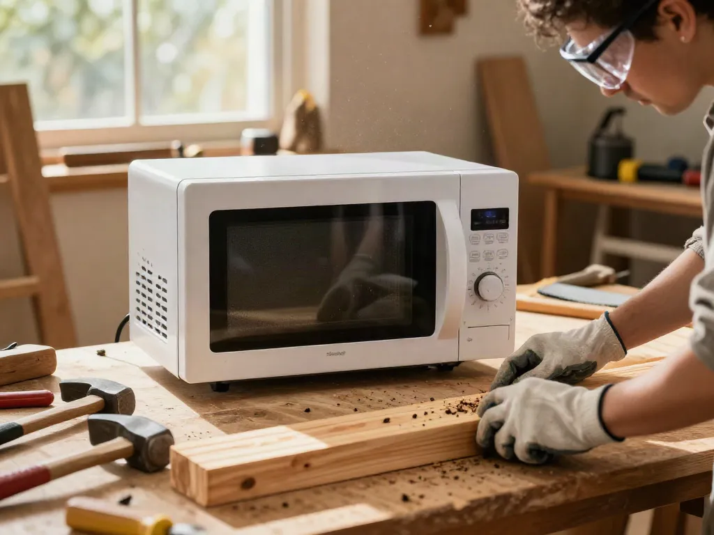 SHASHEL® microwave device eliminating wood-boring insects in a cozy workshop setting, showcasing effective and eco-friendly treatment.
