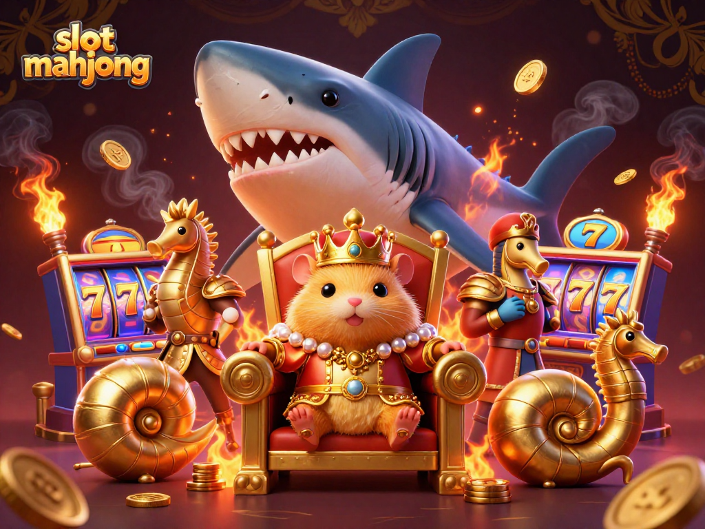 Experience slot mahjong excitement as a golden hamster king leads the way in a vibrant casino setting.