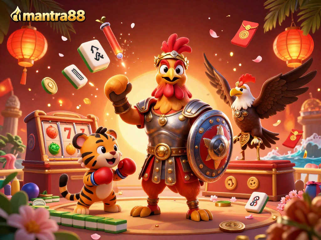 Engage in thrilling games like those at mantra88 with this vibrant digital casino illustration full of dynamic elements.