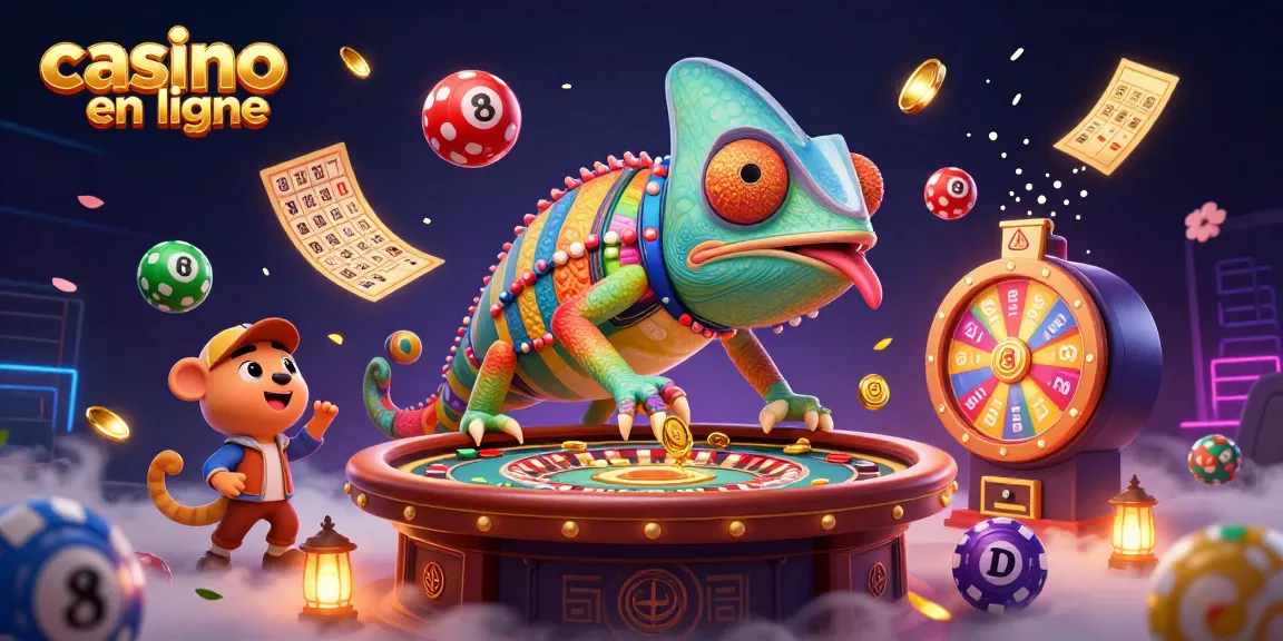 Visitez un casino en ligne ludique avec un caméléon géant collectant des pièces d'or et des boules de loterie.