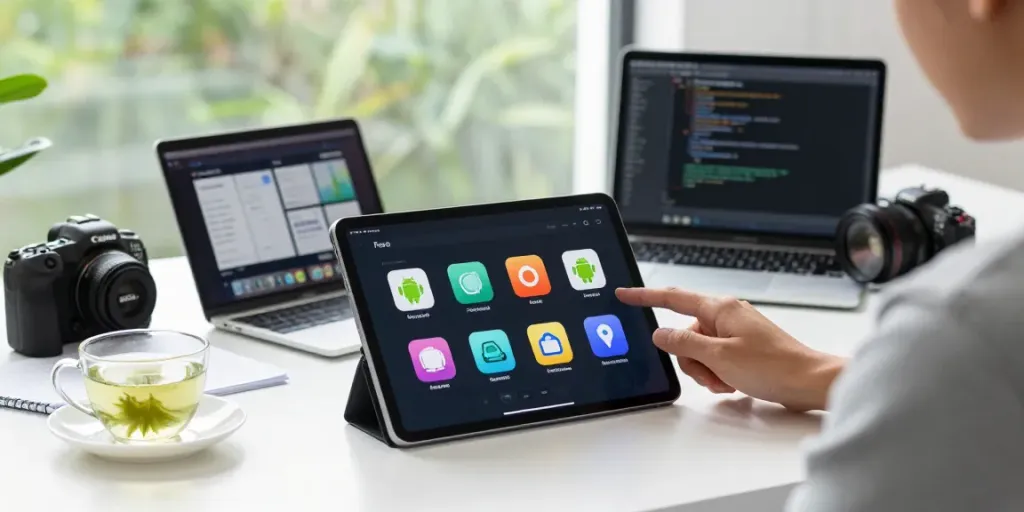 Explore 2113 Apps on tablet in a bright workspace with notes and a laptop.