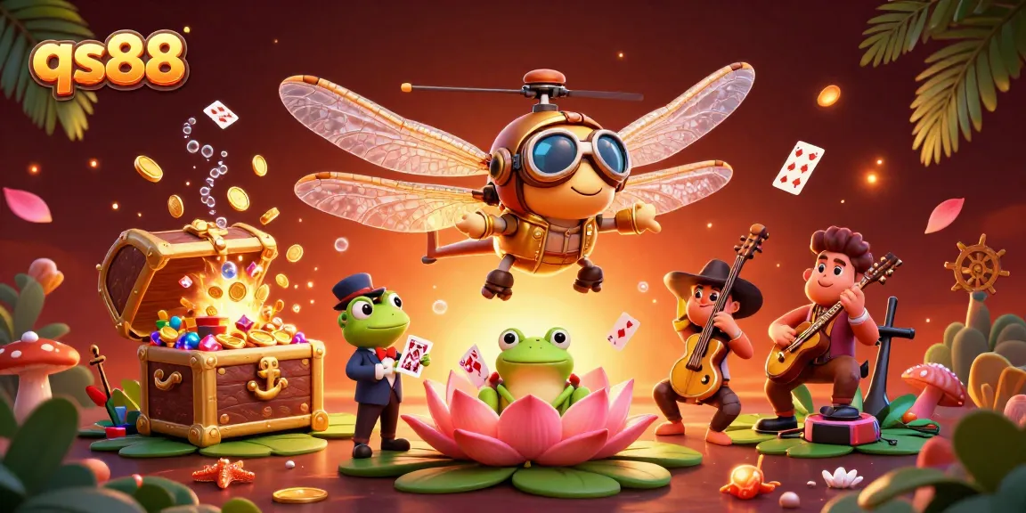 Experience thrilling gameplay at qs88, with a lively scene of a dragonfly pilot, frog dealer, and jazz band.
