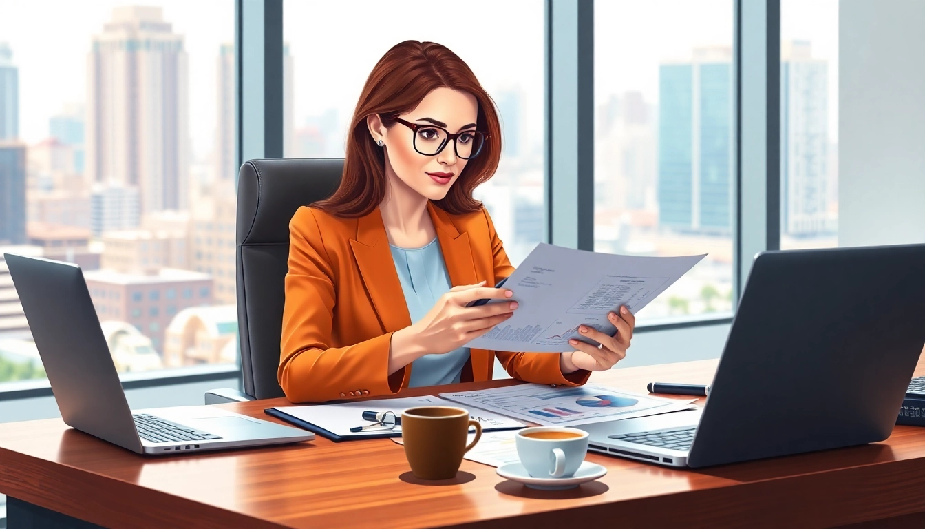 Calculate merchant cash advance apr with a businesswoman analyzing financial documents in a modern office.