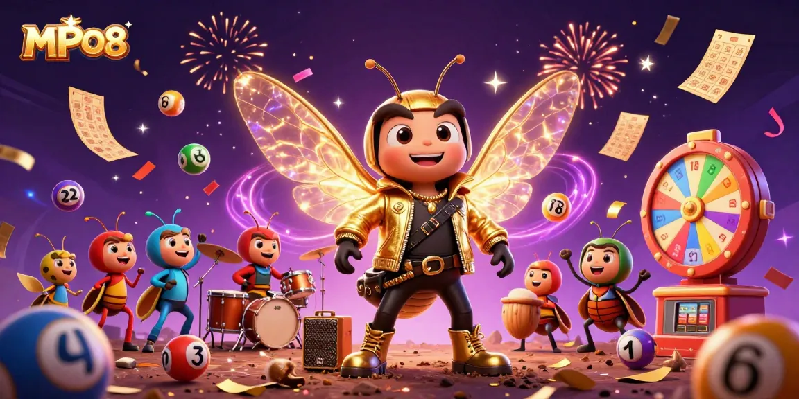 MPO08 showcases a vibrant scene of a cicada rock star with dynamic lottery elements, capturing online slot excitement.