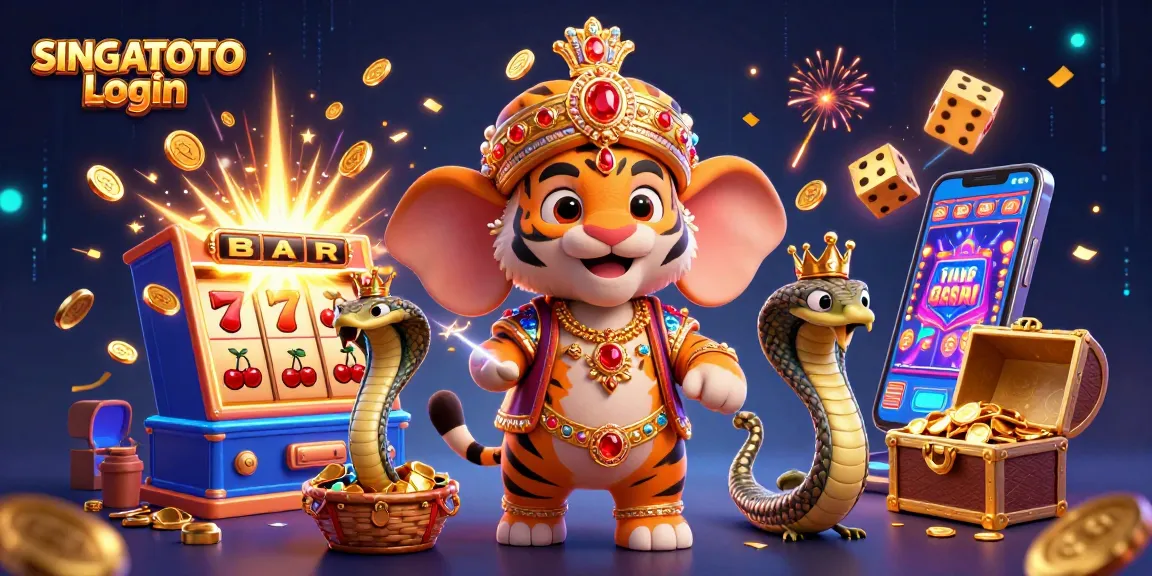 Masuk SINGATOTO Login untuk menang besar dengan berbagai simbol slot dan jackpot di latar belakang
