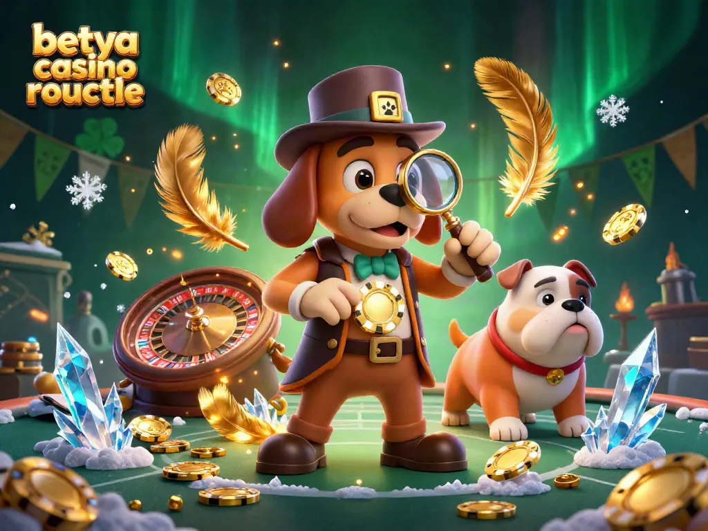 Betya casino roulette scene showcasing a detective dog duo exploring roulette clues amidst gold coins and vibrant casino elements.
