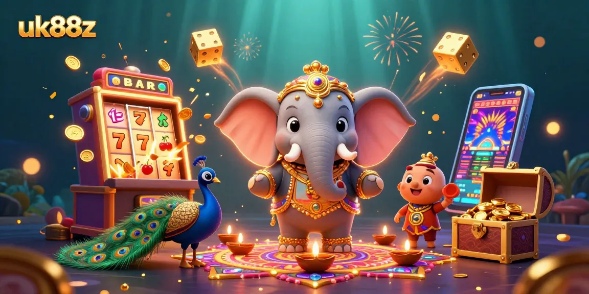 uk88z evokes excitement with a vibrant 3D jackpot scene filled with elephants, peacocks, and dazzling casino elements.