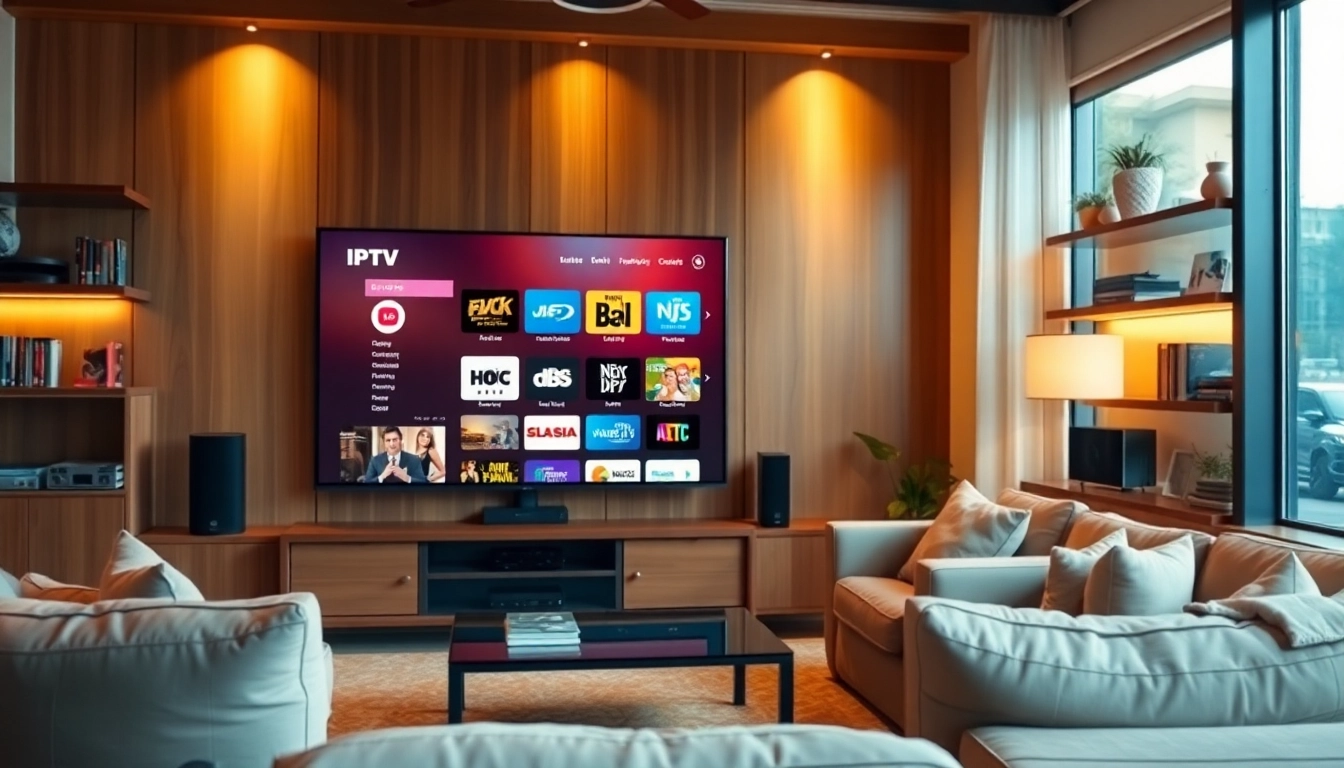Experience FREE IPTV Trial with a cozy home entertainment setup showcasing a large screen interface.