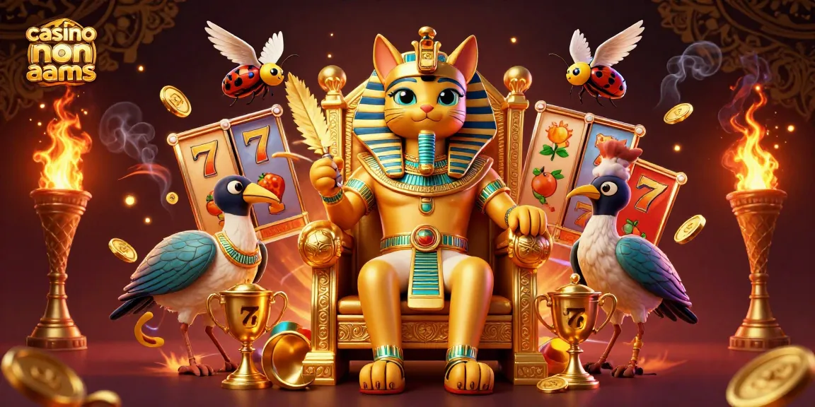 giocando nei casino non AAMS, un gatto faraone egiziano su un trono dorato circondato da simboli di slot e monete d'oro