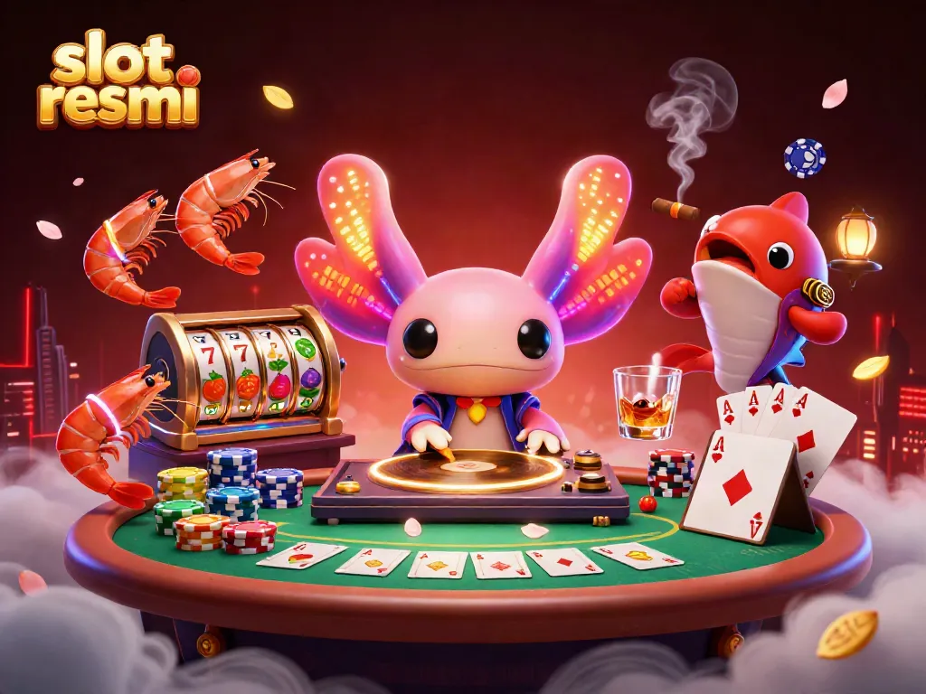 Experience slot resmi fun with a vibrant axolotl DJ and animated casino characters at play.