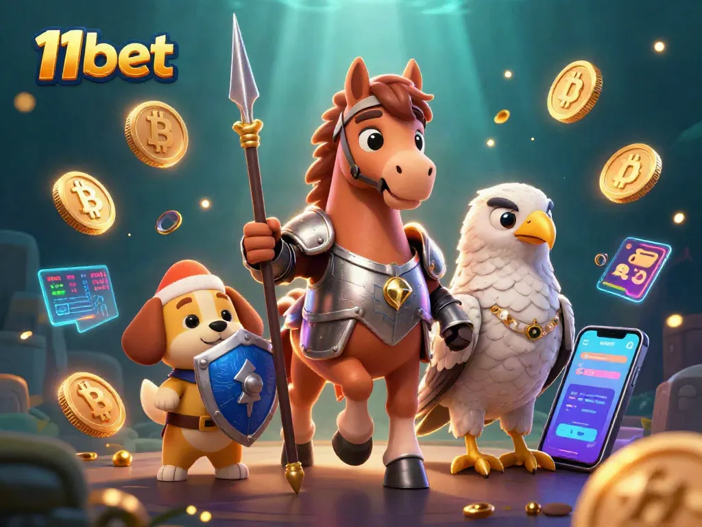 Join the excitement at 11bet with this dynamic casino illustration featuring a knight, puppy, and falcon.